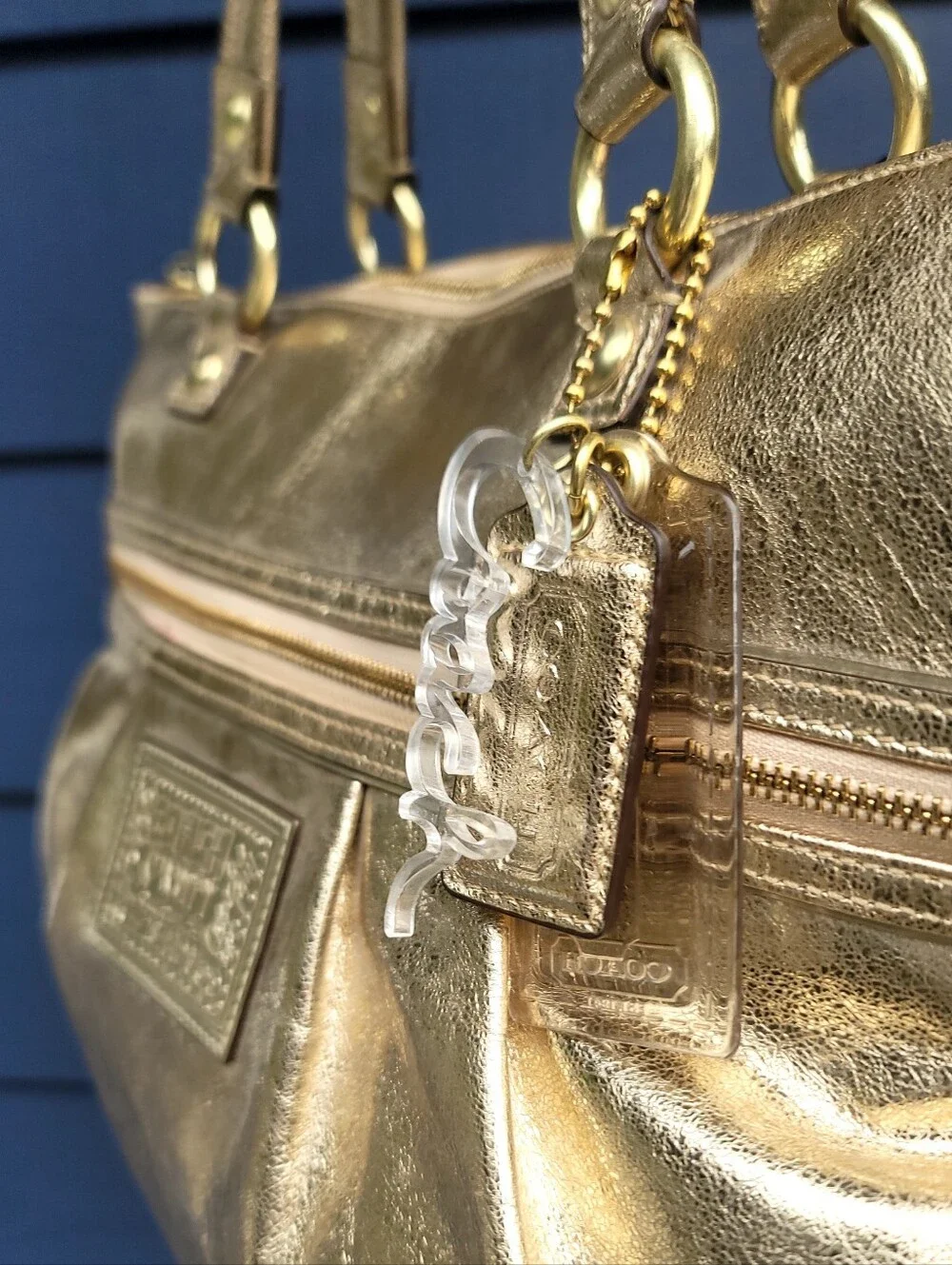 Coach Poppy Metallic Gold Leather Tote With Cursive Coach Charm
